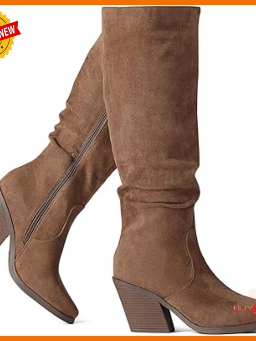 Pointed Toe Knee High Boots Faux Suede Chunky Heel Slouchy Side Zipper